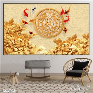 Tranh sơn dầu cá chép bên hoa mẫu đơn in treo tường Tranh sơn dầu cá chép bên hoa mẫu đơn in treo tường