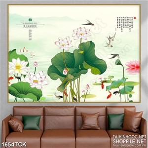 Tranh sơn dầu hoa sen bên đàn chim én in dán tường Tranh sơn dầu hoa sen bên đàn chim én in dán tường