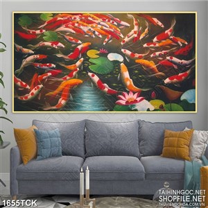 Tranh decor sơn dầu cá koi dày đặc trong hồ hoa sen Tranh decor sơn dầu cá koi dày đặc trong hồ hoa sen