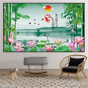 Tranh trang trí đàn chim én bay trên mặt hồ hoa sen Tranh trang trí đàn chim én bay trên mặt hồ hoa sen