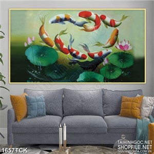 Tranh sơn dầu cá koi bơi vòng tròn trong hồ sen in uv Tranh sơn dầu cá koi bơi vòng tròn trong hồ sen in uv