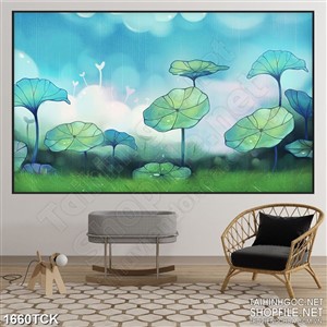 Tranh sơn dầu hồ hoa sen đầy lá xanh bên bãi cỏ xanh 3d Tranh sơn dầu hồ hoa sen đầy lá xanh bên bãi cỏ xanh 3d