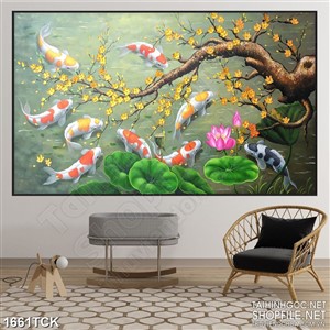 Tranh psd gốc mai vàng trên hồ sen và đàn cá koi sơn dầu Tranh psd gốc mai vàng trên hồ sen và đàn cá koi sơn dầu