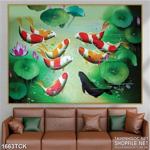 Tranh sơn dầu cá koi bên lá sen xanh ngắt in dán tường Tranh sơn dầu cá koi bên lá sen xanh ngắt in dán tường