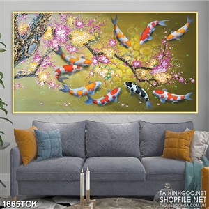 Tranh trang trí cành mai đào trên mặt hồ cá koi sơn dầu Tranh trang trí cành mai đào trên mặt hồ cá koi sơn dầu