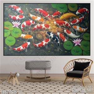 Tranh sơn dầu hoa sen và đàn cá koi nghệ thuật Tranh sơn dầu hoa sen và đàn cá koi nghệ thuật