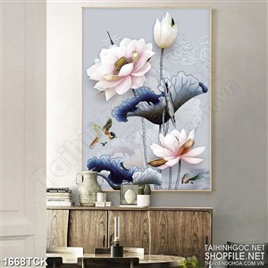 Tranh in canvas chú chim nhỏ bên hoa sen sơn dầu Tranh in canvas chú chim nhỏ bên hoa sen sơn dầu