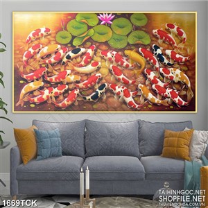 Tranh sơn dầu hồ hoa sen đầy cá koi đang bơi lội in 3d Tranh sơn dầu hồ hoa sen đầy cá koi đang bơi lội in 3d