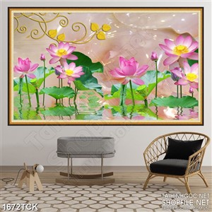 Tranh hoa sen hồng trong hồ giả ngọc in dán tường Tranh hoa sen hồng trong hồ giả ngọc in dán tường