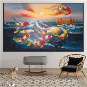 Tranh decor sơn dầu cá chép vượt sóng biển hóa rồng Tranh decor sơn dầu cá chép vượt sóng biển hóa rồng