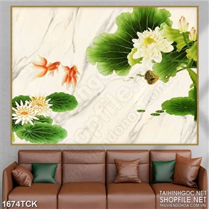 Tranh trang trí cá chép vàng bên hoa sen sơn dầu Tranh trang trí cá chép vàng bên hoa sen sơn dầu