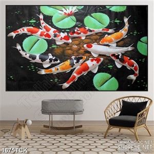 Tranh sơn dầu cá koi bên hồ sen đầy lá xanh in uv Tranh sơn dầu cá koi bên hồ sen đầy lá xanh in uv