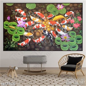 Tranh đàn cá koi tung tăng trong hồ đá cuội in canvas Tranh đàn cá koi tung tăng trong hồ đá cuội in canvas