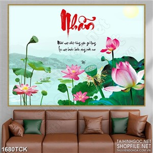Tranh in treo tường sơn dầu hoa sen hồng bên chữ nhẫn Tranh in treo tường sơn dầu hoa sen hồng bên chữ nhẫn
