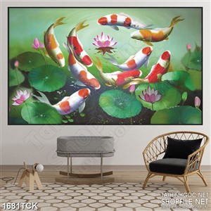 Tranh sơn dầu hoa sen hồng và đàn cá koi in dán tường Tranh sơn dầu hoa sen hồng và đàn cá koi in dán tường