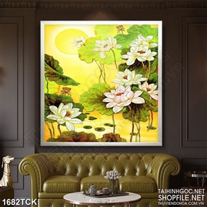 Tranh decor sơn dầu hoa sen trắng dưới ánh trăng vàng Tranh decor sơn dầu hoa sen trắng dưới ánh trăng vàng
