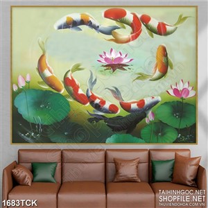 Tranh bông sen nở rộ giữa đàn cá koi sơn dầu in uv Tranh bông sen nở rộ giữa đàn cá koi sơn dầu in uv