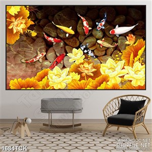 Tranh in canvas cá koi bên hồ sen sơn dầu treo tường Tranh in canvas cá koi bên hồ sen sơn dầu treo tường