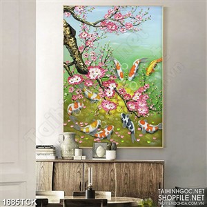 Tranh nghệ thuật những cánh đào rơi trên hồ cá koi Tranh nghệ thuật những cánh đào rơi trên hồ cá koi
