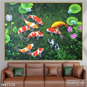 Tranh 3d sơn dầu cá koi trên mặt hồ sen trong nước Tranh 3d sơn dầu cá koi trên mặt hồ sen trong nước