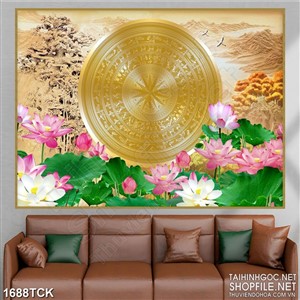 Tranh psd hồ sen đầy hoa bên trống đồng dáp vàng Tranh psd hồ sen đầy hoa bên trống đồng dáp vàng