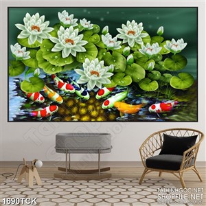 Tranh cá koi và những bông sen sơn dầu in dán tường Tranh cá koi và những bông sen sơn dầu in dán tường