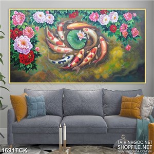 Tranh decor sơn dầu cá koi dưới những bông mẫu đơn Tranh decor sơn dầu cá koi dưới những bông mẫu đơn