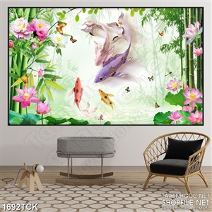 Tranh trang trí hồ cá chép sơn dầu trong rừng trúc xanh Tranh trang trí hồ cá chép sơn dầu trong rừng trúc xanh