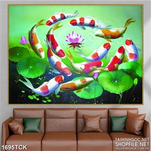Tranh sơn dầu cá koi bơi quanh bông sen hồng in canvas Tranh sơn dầu cá koi bơi quanh bông sen hồng in canvas