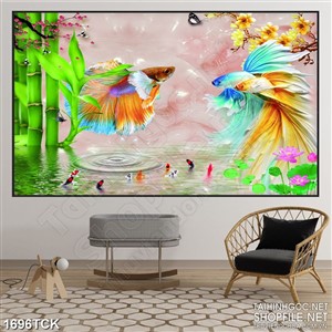Tranh in 3d đôi cá cảnh trên mặt hồ cá chép sơn dầu Tranh in 3d đôi cá cảnh trên mặt hồ cá chép sơn dầu
