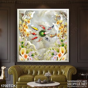 Tranh decor cành mai vàng bên hồ cá chép giả ngọc Tranh decor cành mai vàng bên hồ cá chép giả ngọc