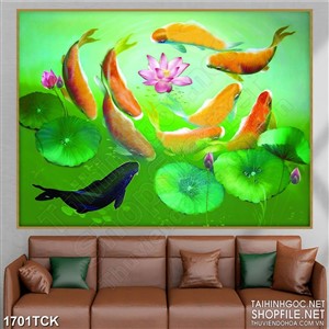 Tranh trang trí sơn dầu cá koi trong làng nước xanh Tranh trang trí sơn dầu cá koi trong làng nước xanh