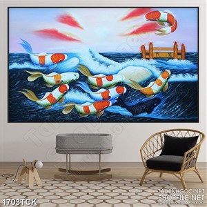 Tranh nghệ thuật sơn dầu cá chép vượt vũ môn hóa rồng Tranh nghệ thuật sơn dầu cá chép vượt vũ môn hóa rồng