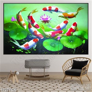 Tranh in treo tường hoa sen giữa lòng hồ cá koi sơn dầu Tranh in treo tường hoa sen giữa lòng hồ cá koi sơn dầu