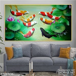 Tranh decor đàn cá koi bên những chiếc lá sen xanh Tranh decor đàn cá koi bên những chiếc lá sen xanh