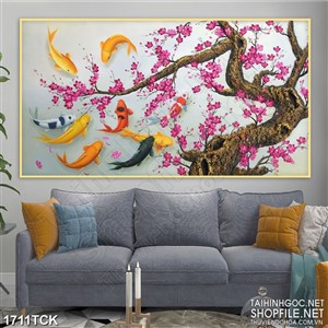 Tranh cá chép vàng dưới gốc hoa đào in uv treo tường Tranh cá chép vàng dưới gốc hoa đào in uv treo tường