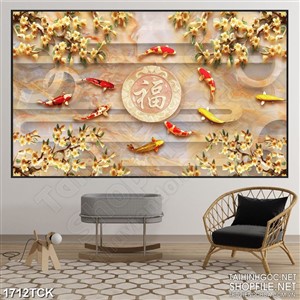 Tranh nghệ thuật sơn dầu cá koi bên chữ phúc giả ngọc Tranh nghệ thuật sơn dầu cá koi bên chữ phúc giả ngọc