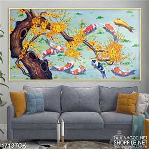 Tranh in canvas gốc cây mai vàng trên hồ cá koi sơn dầu Tranh in canvas gốc cây mai vàng trên hồ cá koi sơn dầu