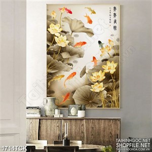 Tranh sơn dầu cá chép vàng trong hồ sen trắng in 3d Tranh sơn dầu cá chép vàng trong hồ sen trắng in 3d