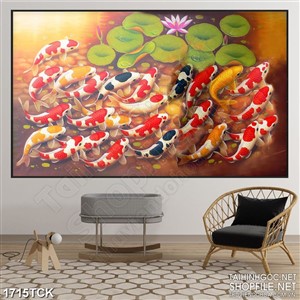 Tranh psd những chiếc lá sen xanh bên đàn cá koi sơn dầu Tranh psd những chiếc lá sen xanh bên đàn cá koi sơn dầu