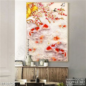 Tranh cá chép vàng dưới gốc hoa đào in treo tường Tranh cá chép vàng dưới gốc hoa đào in treo tường