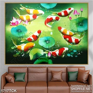 Tranh in dán tường sơn dầu cá koi trong hồ sen xanh biếc Tranh in dán tường sơn dầu cá koi trong hồ sen xanh biếc