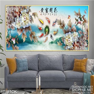 Tranh decor đàn cá koi bên những bông hoa mẫu đơn Tranh decor đàn cá koi bên những bông hoa mẫu đơn