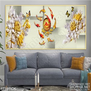 Tranh sơn dầu cá chép vàng bên bông mẫu đơn trang trí Tranh sơn dầu cá chép vàng bên bông mẫu đơn trang trí