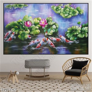 Tranh nghệ thuật sơn dầu cá koi trong hồ đầy hoa sen Tranh nghệ thuật sơn dầu cá koi trong hồ đầy hoa sen