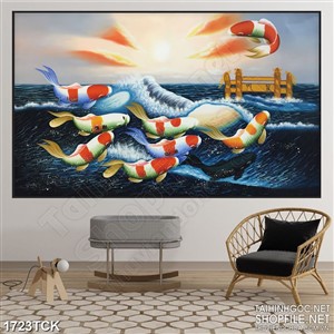 Tranh sơn dầu cá chép vượt sóng biển dữ dội in 3d