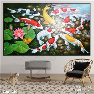 Tranh đá cuội trong hồ cá chép sơn dầu in treo tường