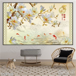 Tranh in dán tường sơn dầu cá chép nhảy trên mặt hồ