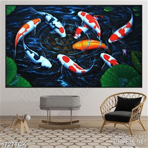 Tranh decor sơn dầu cá koi trong hồ hoa sen về đêm