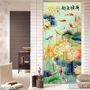 Tranh trang trí cá chép vàng trong hồ hoa sen sơn dầu